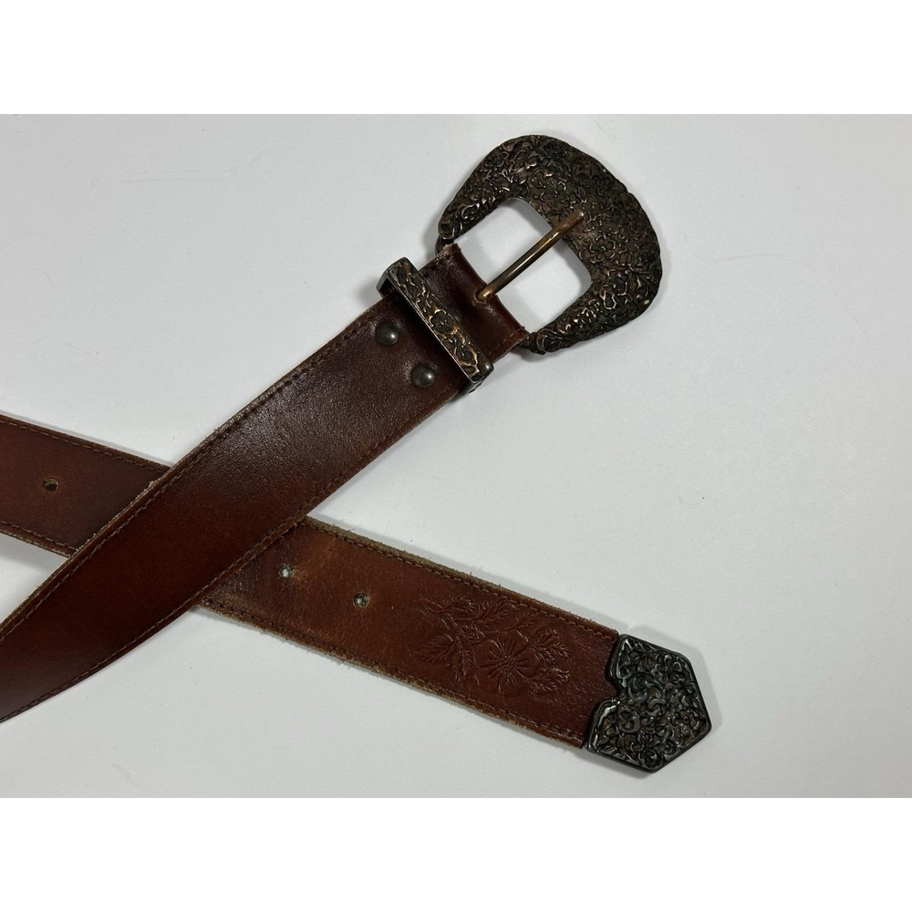 Axcess Brown Leather Belt Womens 30/32 Western Floral Ornate Copper? Buckle